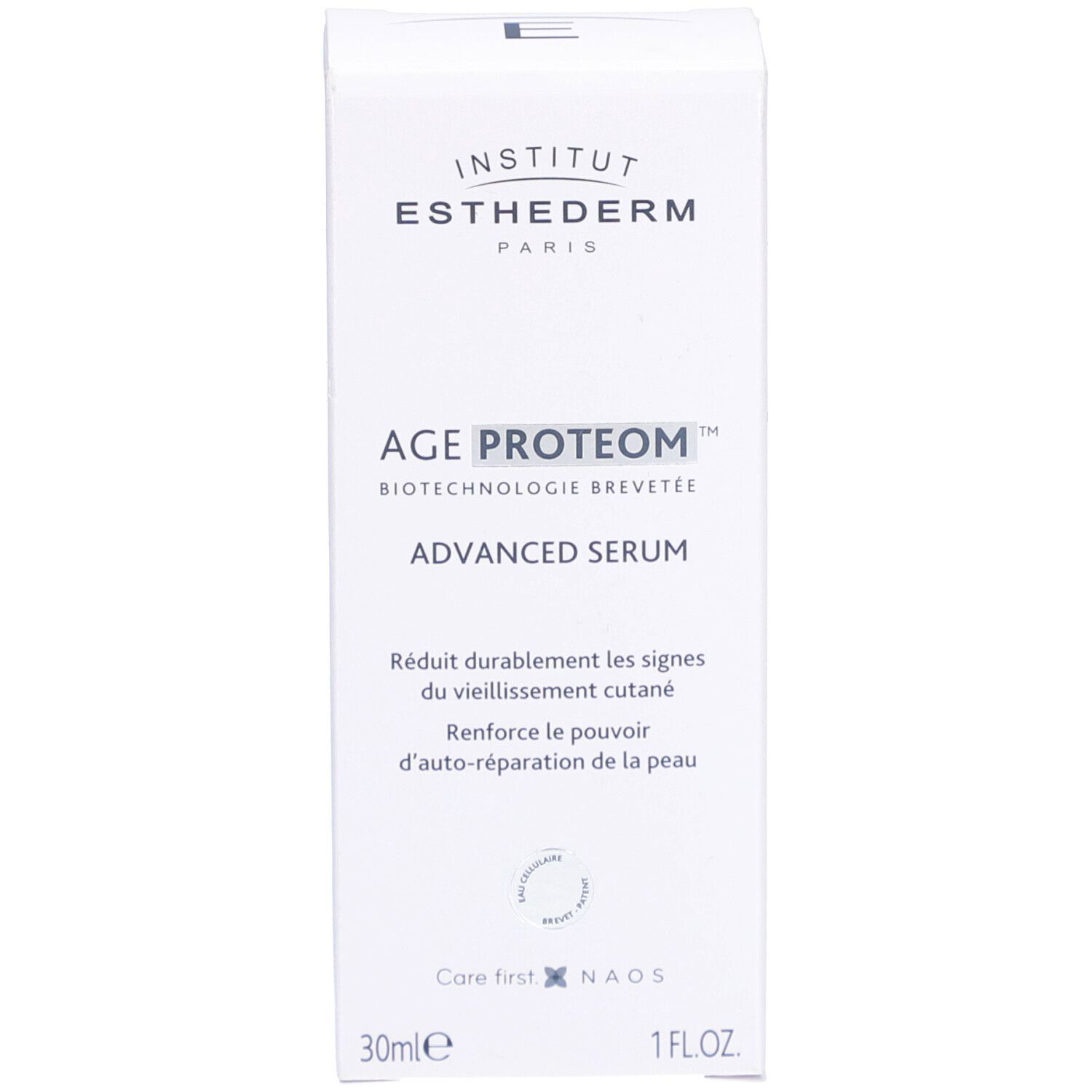 Weiße Verpackung. Aufschrift: INSTITUT ESTHEDERM PARIS, AGE PROTEOM ADVANCED SERUM. 30ml, 1 FL.OZ.