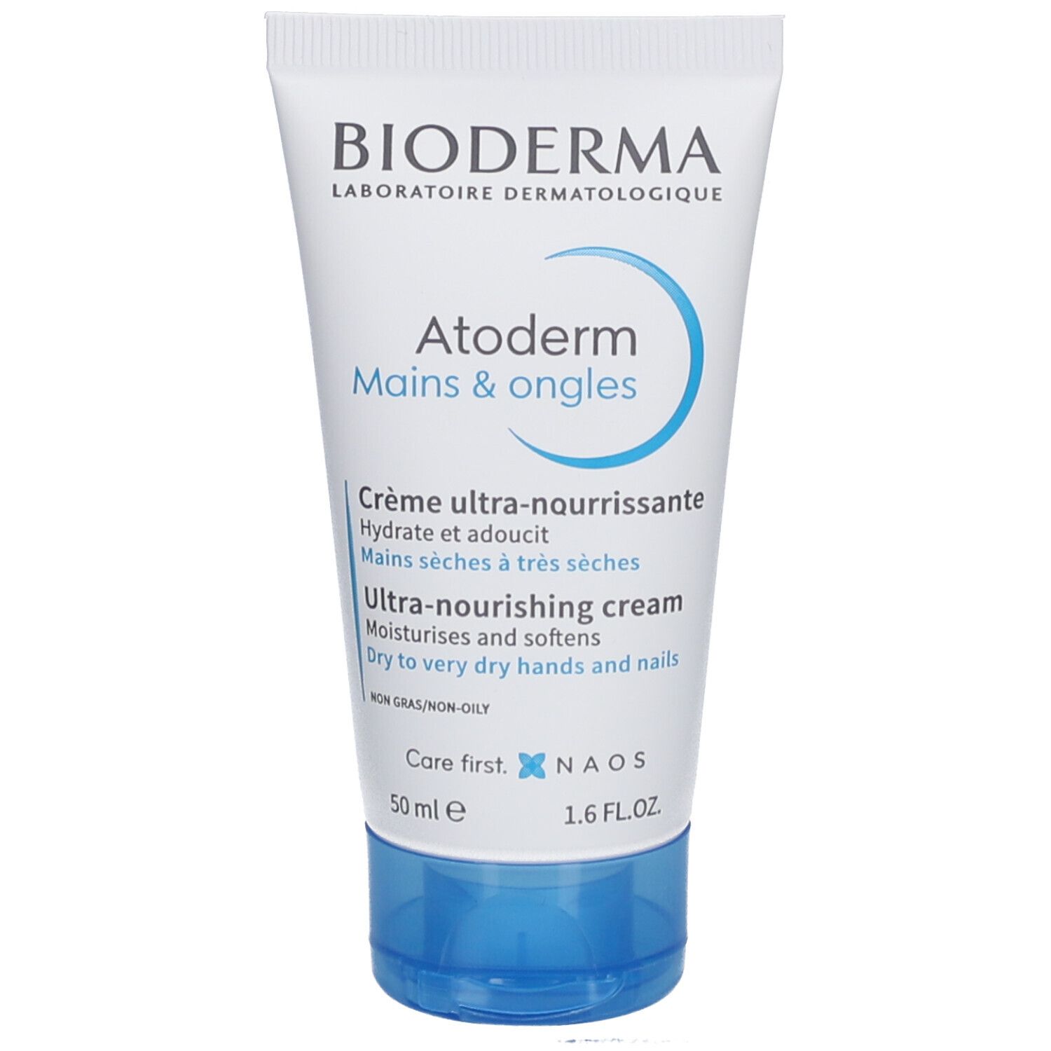Tube de crème "Bioderma Atoderm". Inscription "Mains & ongles". Bouchon bleu. Texte: "Crème ultra-nourrissante", "Hydrate et adoucit".