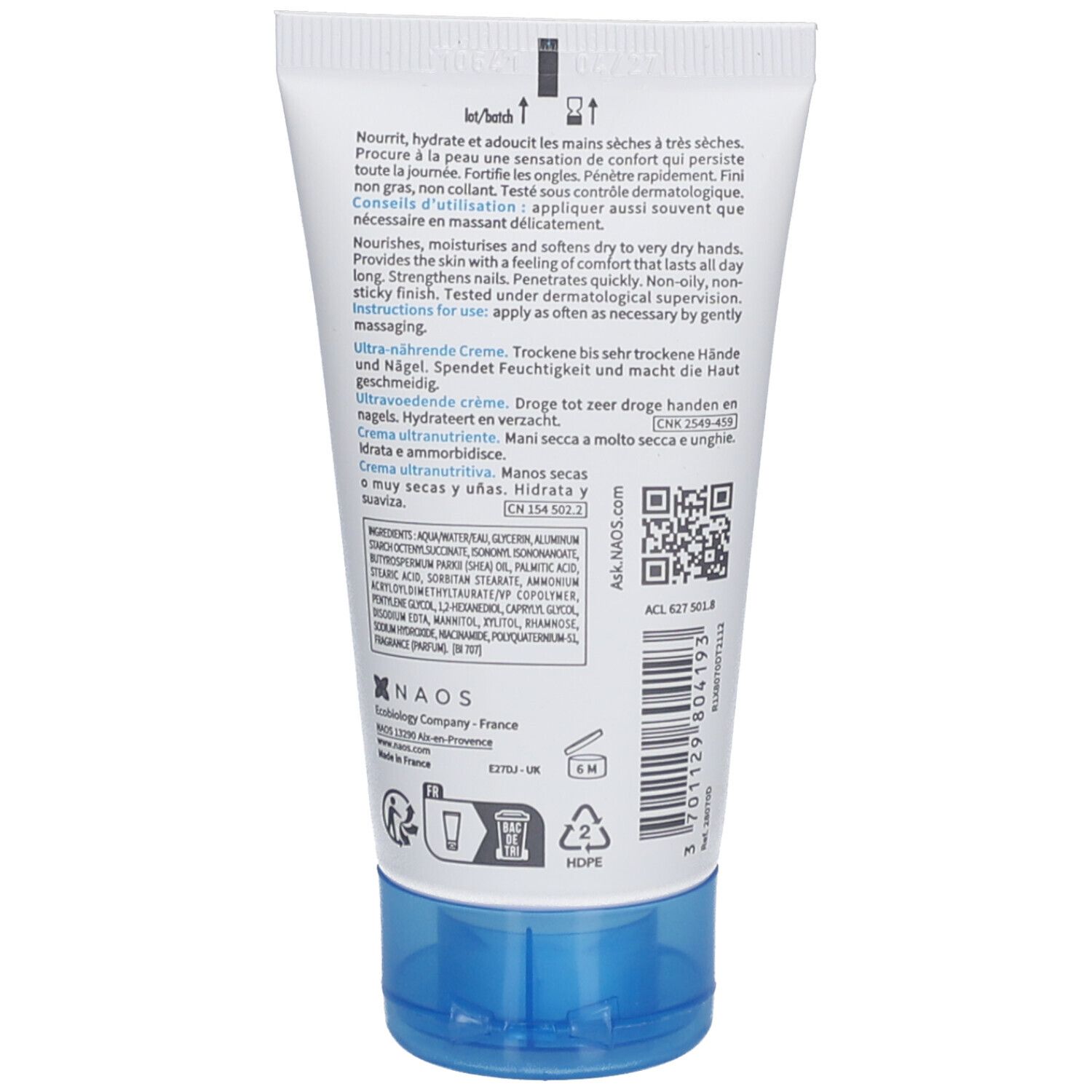 Dos du tube de crème. Texte en allemand, français, italien, néerlandais. Ingrédients et code QR.