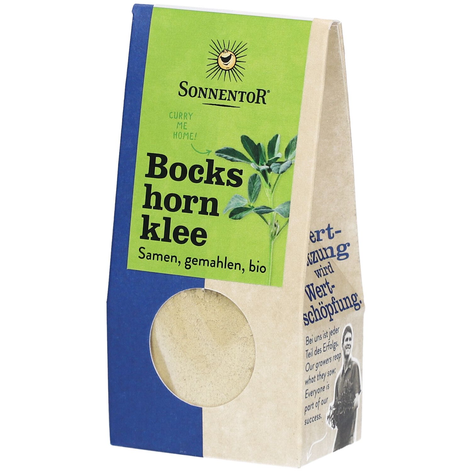 Verpackung von Sonnentor Bio Bockshornklee gemahlen. Sichtfenster, grüne und blaue Elemente, Produktname und Logo.