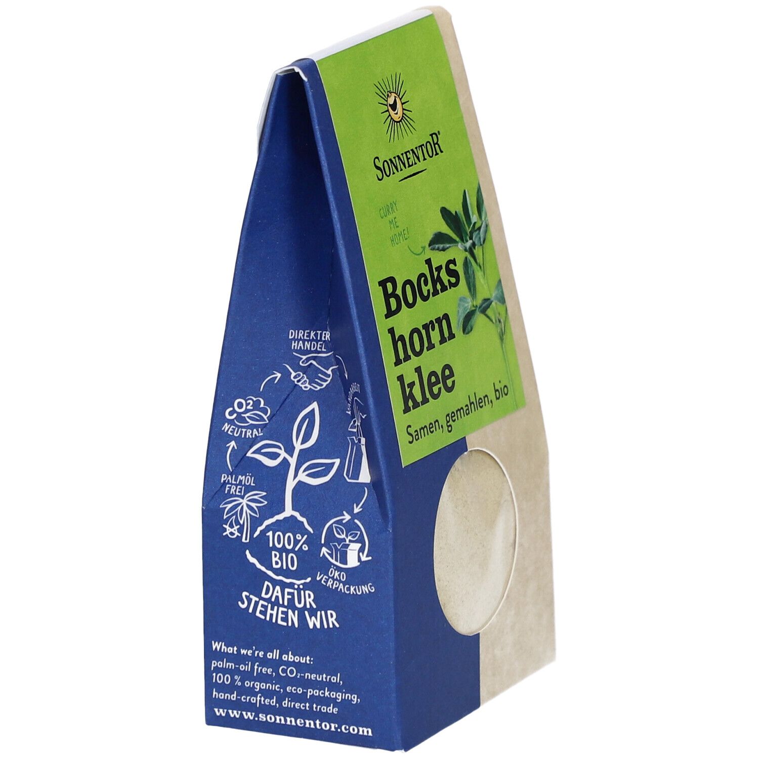 Sonnentor Bio Bockshornklee gemahlen Verpackung. Blaue und braune Elemente, 100% Bio, Direkt-Handel, CO2-neutral.