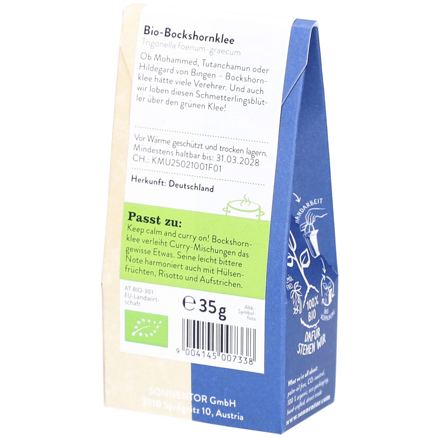 Rückseite der Sonnentor Bio Bockshornklee gemahlen Verpackung. Text, Bio-Siegel, Mindesthaltbarkeitsdatum, 35g.