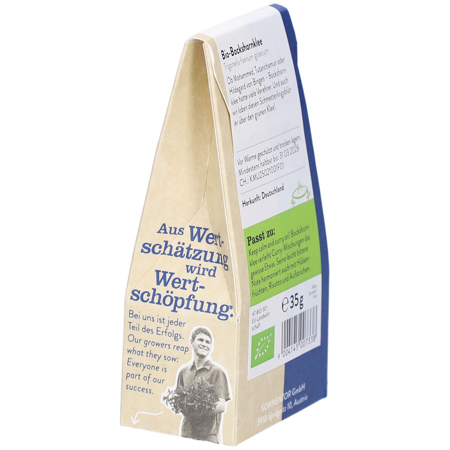 Sonnentor Bio Bockshornklee gemahlen Verpackung. Text, Bio-Siegel, 35g, Aus Wertschätzung wird Wertschöpfung.