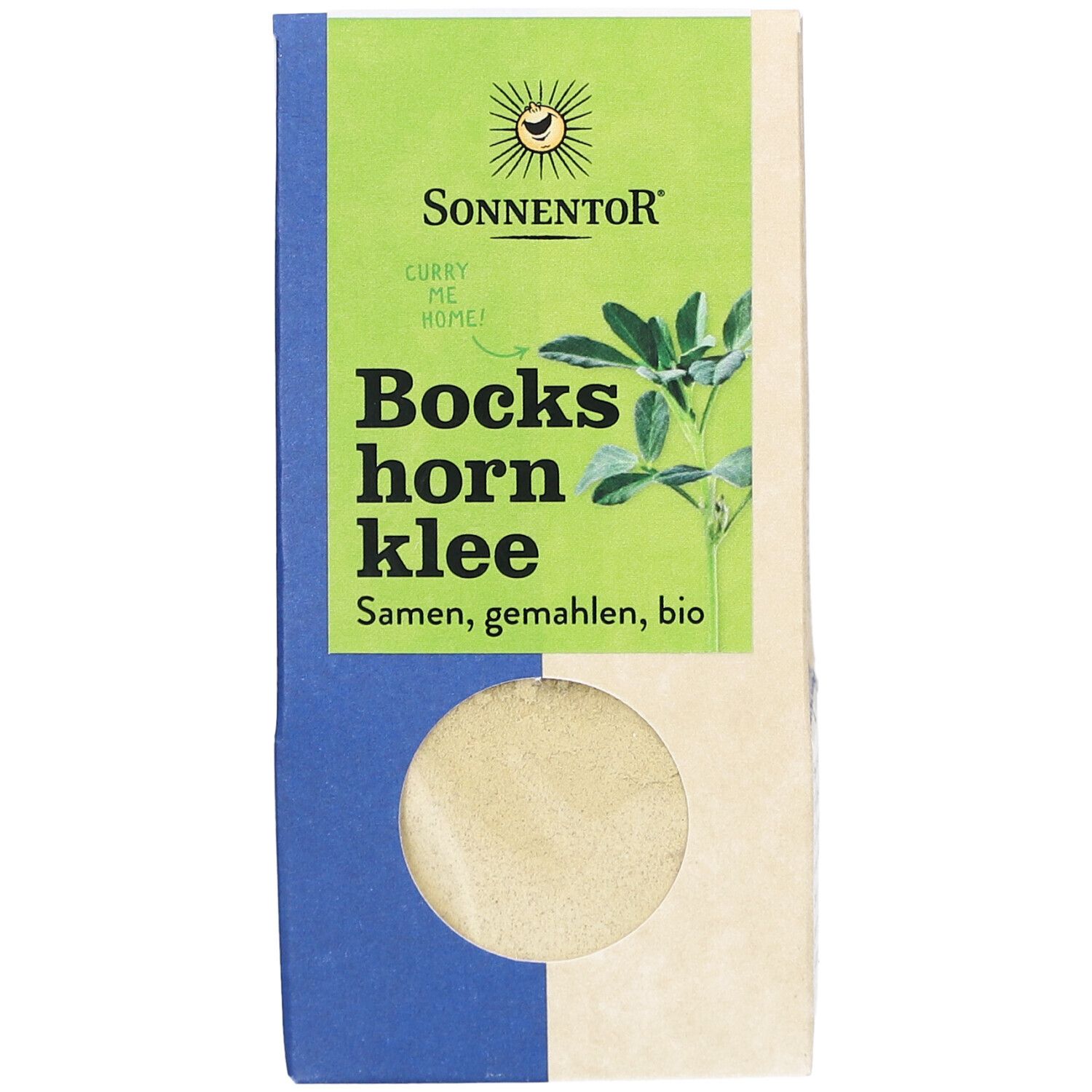 Sonnentor Bio Bockshornklee gemahlen Verpackung. Sichtfenster, grüner Bereich mit Logo und Produktname.