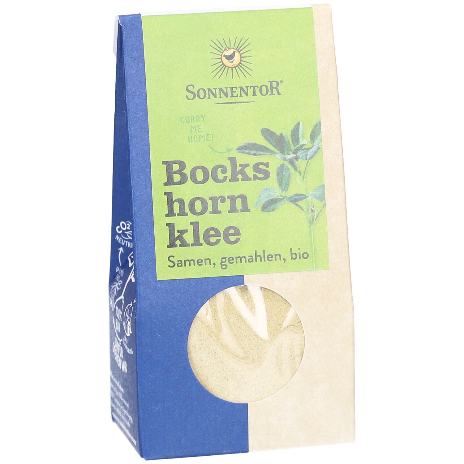 Sonnentor Bio Bockshornklee gemahlen Verpackung. Sichtfenster, blaue und braune Elemente, Produktname und Logo.
