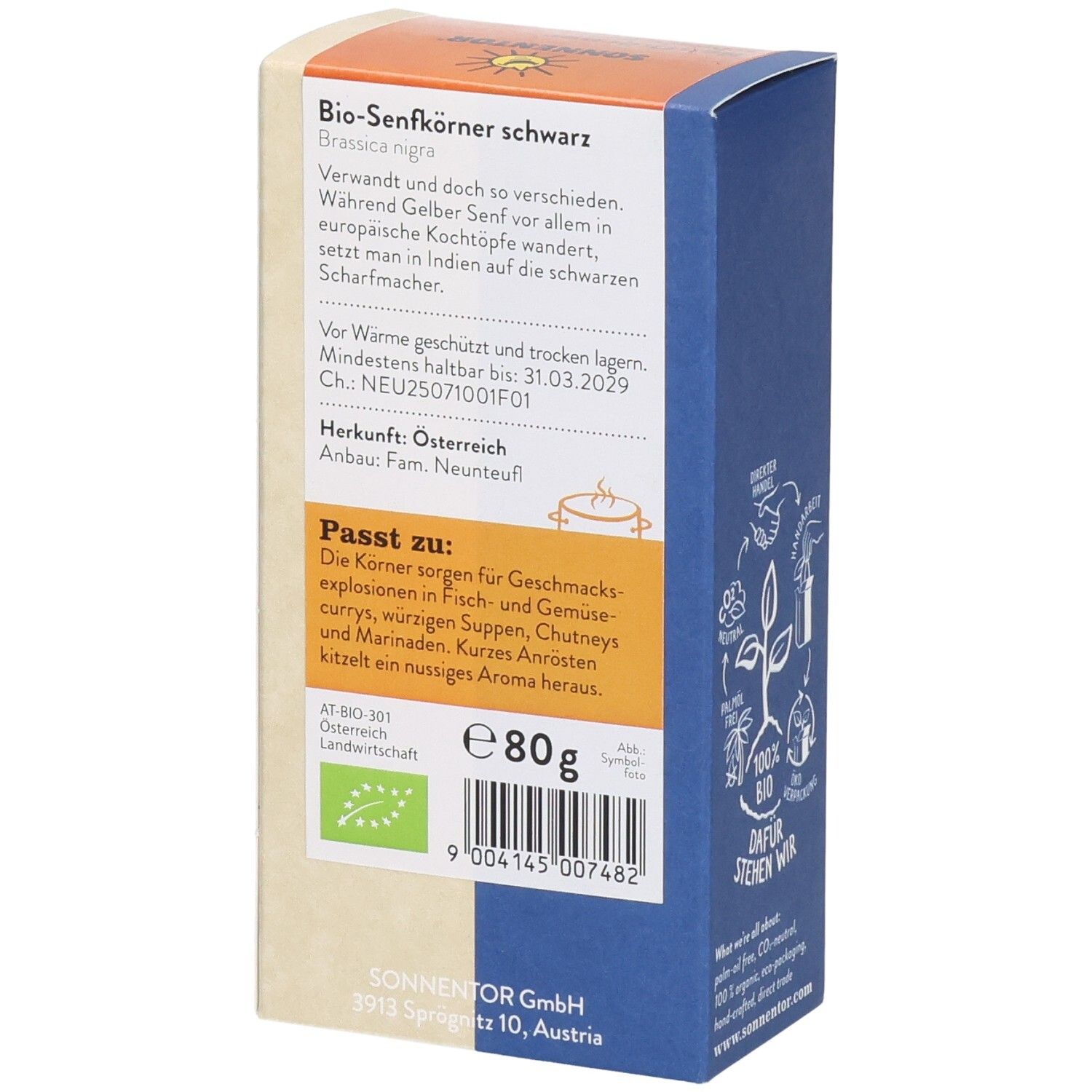 SONNENTOR Bio-Senfkörner schwarz: Rückseite der Verpackung mit Produktinformationen und EAN.