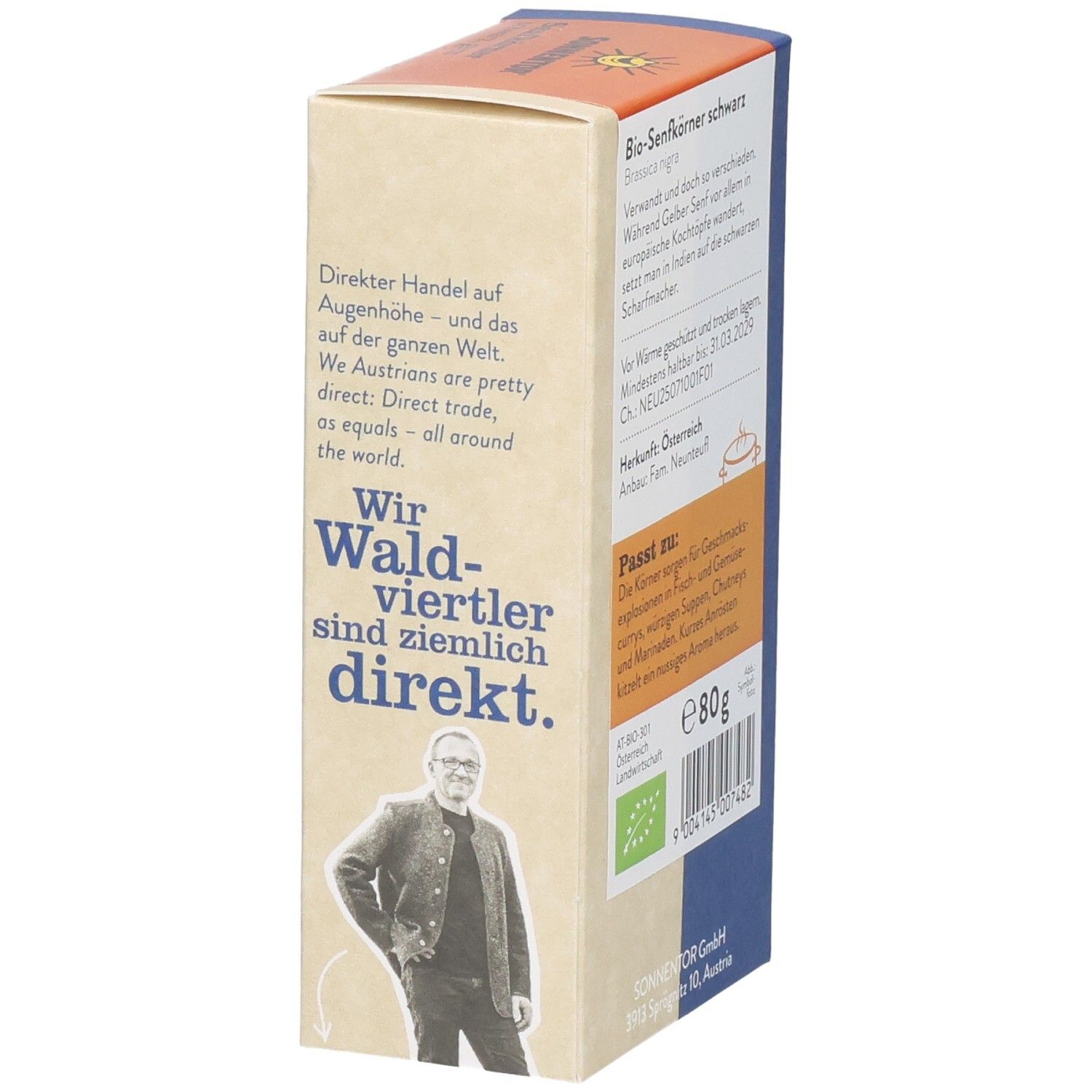 SONNENTOR Senfkörner schwarz, bio: Seitenansicht der Verpackung mit Text und Abbildung eines Mannes.
