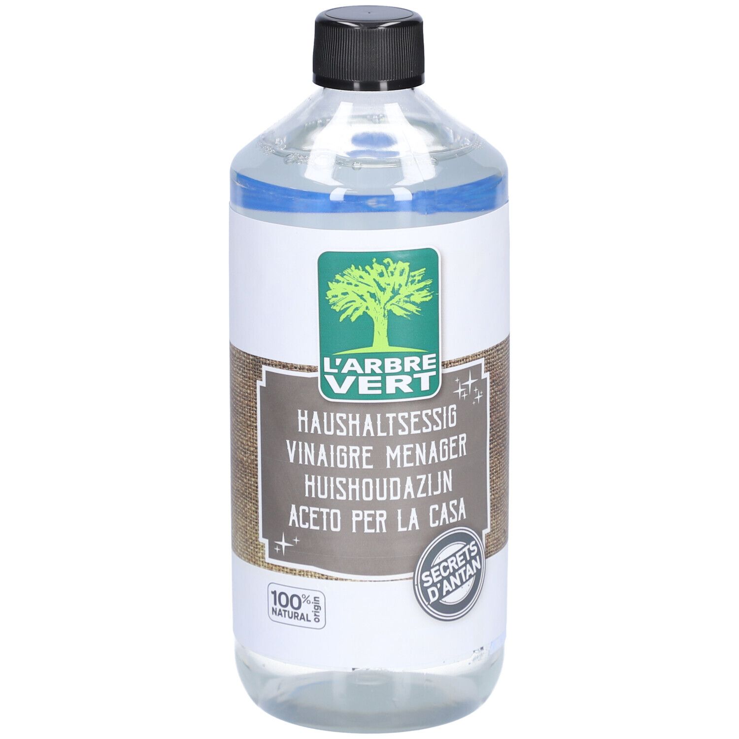 Klare Flüssigkeit in einer transparenten Flasche mit schwarzem Deckel. Etikett mit Logo und Text: HAUSHALTSESSIG.