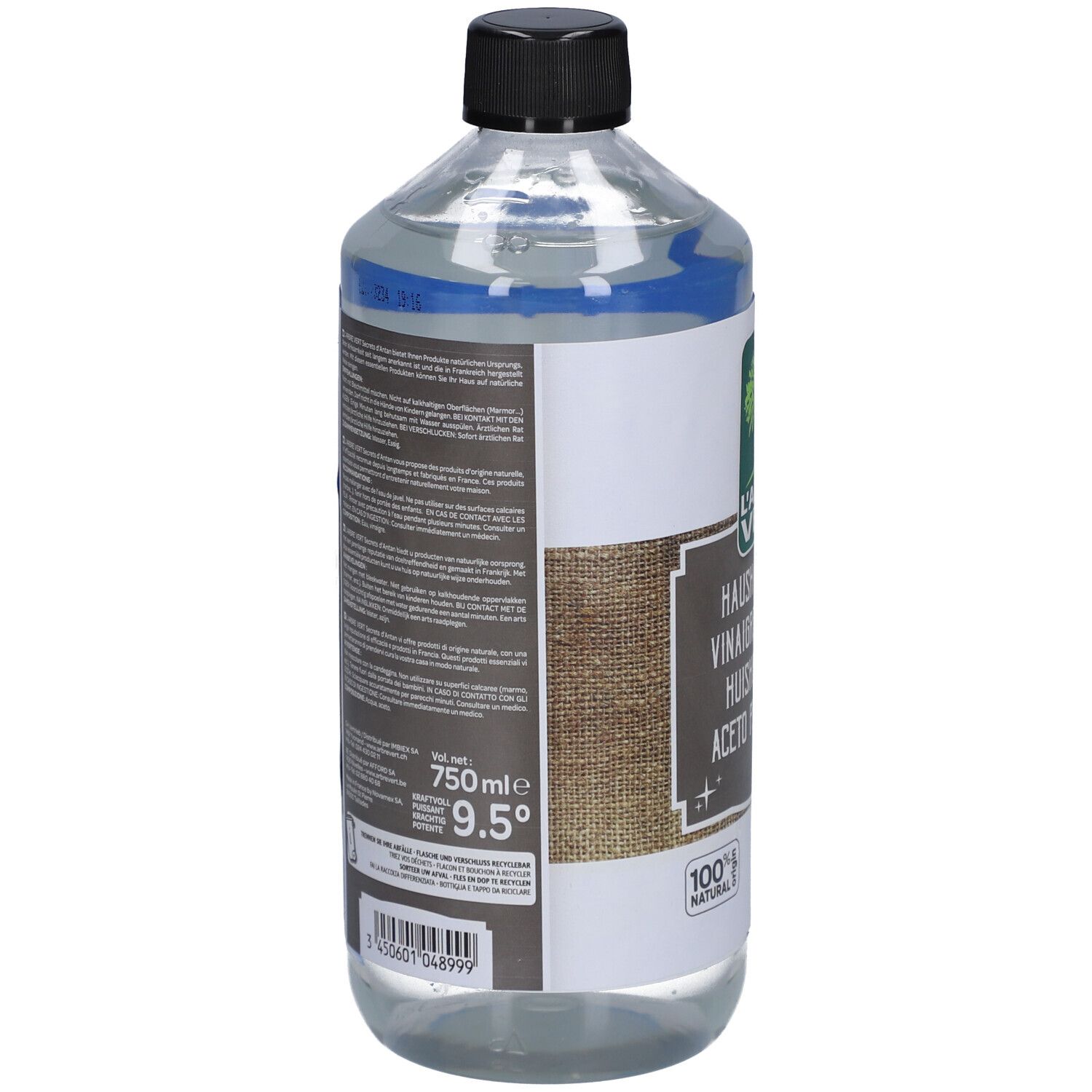 Rückansicht einer transparenten Flasche mit schwarzem Deckel. Etikett mit Text und Barcode. Volumen: 750 ml, 9,5°.
