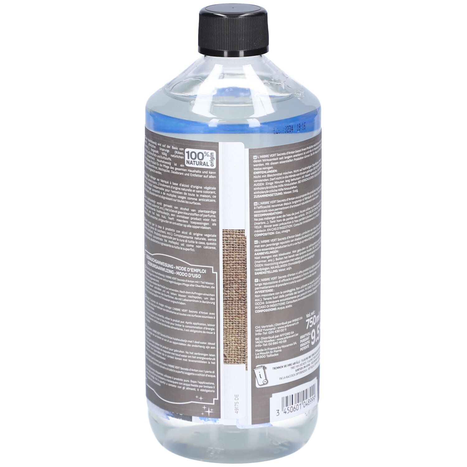 Rückansicht einer transparenten Flasche mit schwarzem Deckel. Etikett mit Text und Barcode. Gebrauchsanweisung.