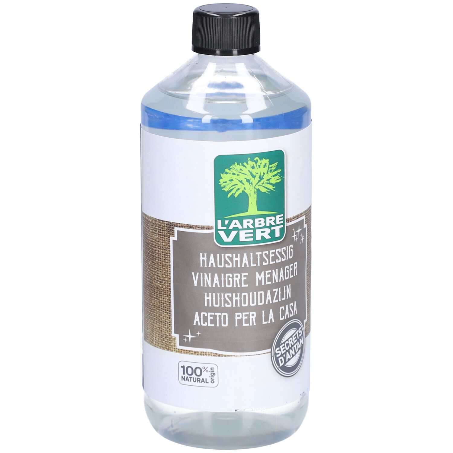 Transparente Flasche mit schwarzem Deckel. Etikett mit Logo und Text: HAUSHALTSESSIG. 100% natürlich.