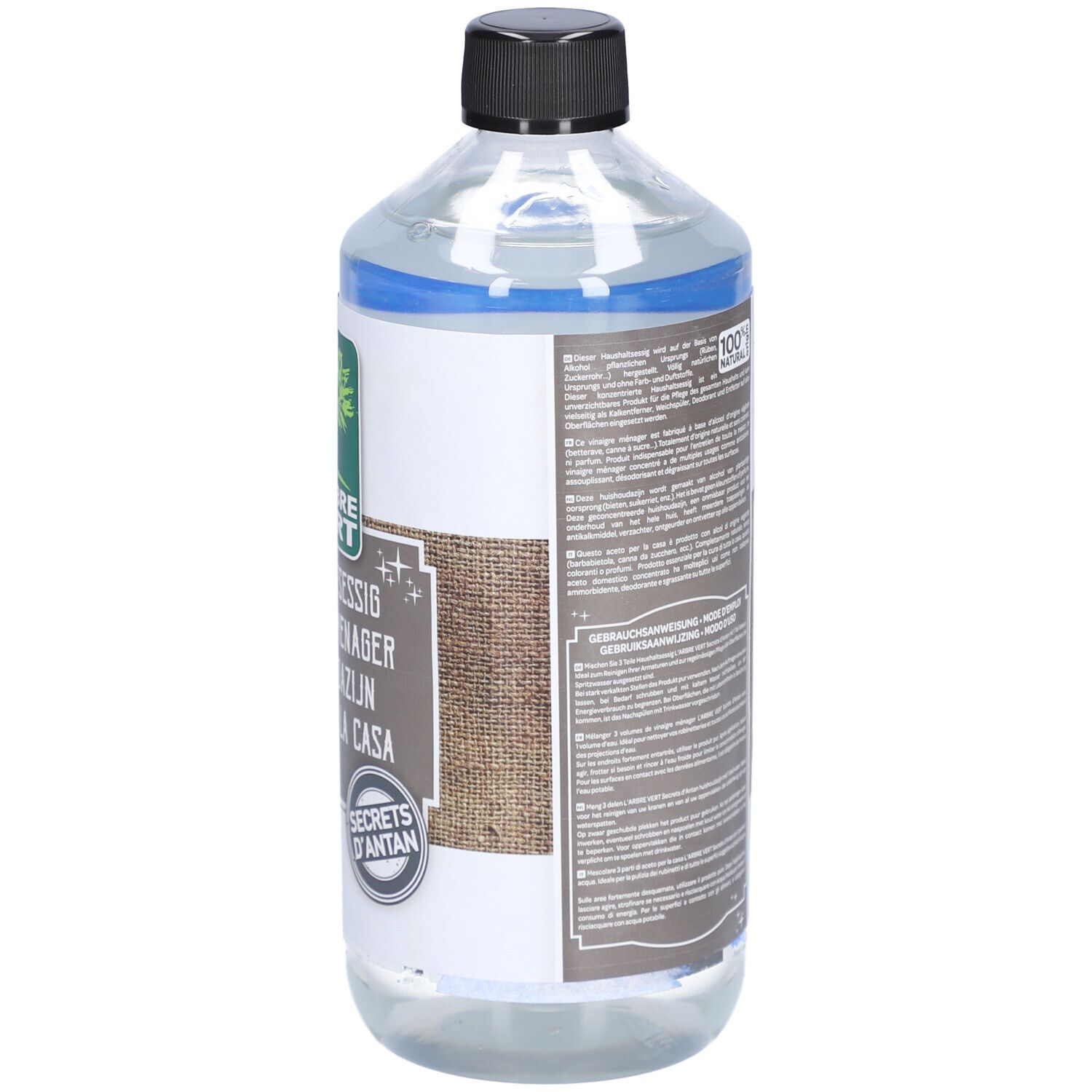 Rückansicht einer transparenten Flasche mit schwarzem Deckel. Etikett mit Text und Barcode. Gebrauchsanweisung.