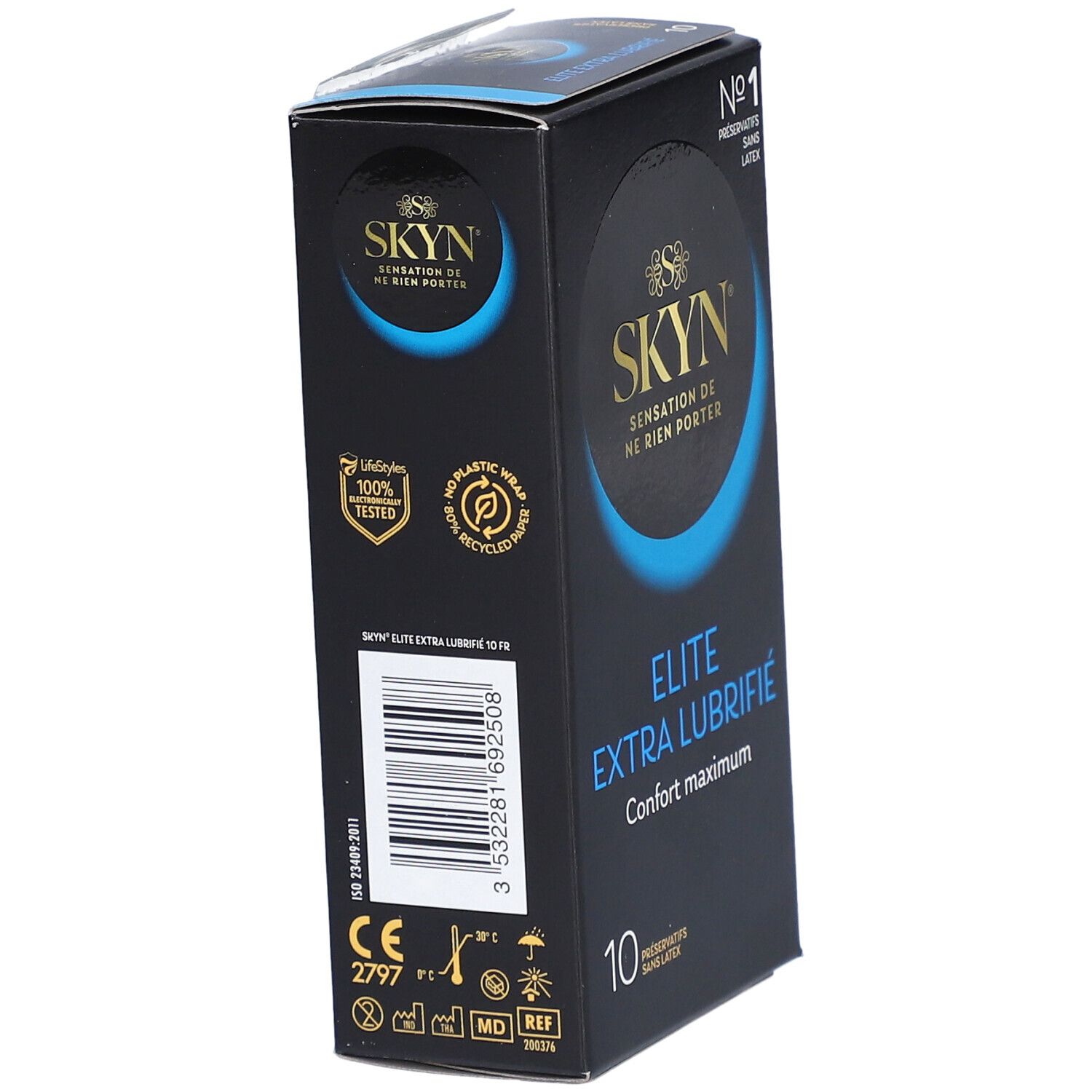 Boîte noire, vue latérale. Inscriptions: SKYN, Elite Extra Lubrifié, 10 préservatifs. Logos et code-barres.
