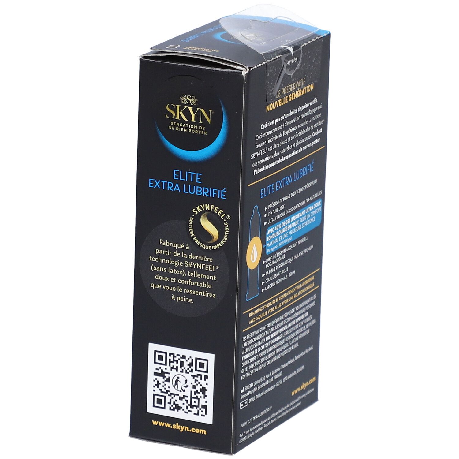 Boîte noire avec détails bleus. Inscriptions: SKYN, Elite Extra Lubrifié. Code QR et informations produit.