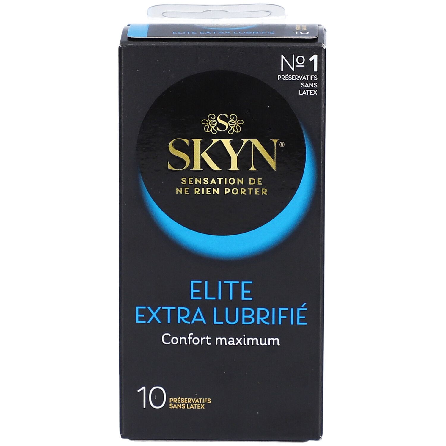 Boîte noire avec détails bleus. Inscriptions: SKYN, Elite Extra Lubrifié, 10 préservatifs sans latex.
