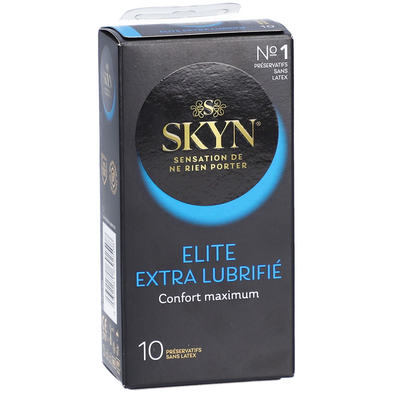 Boîte noire avec détails bleus. Inscriptions: SKYN, Elite Extra Lubrifié, 10 préservatifs sans latex.