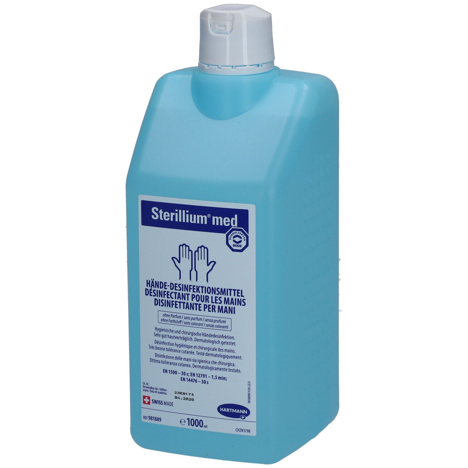 Hellblaue Flasche mit weißem Deckel. Aufschrift: Sterillium med, Hände-Desinfektionsmittel. Logo mit Händen.