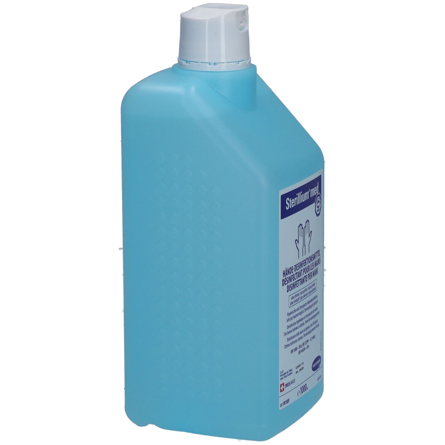 Hellblaue Flasche mit weißem Deckel. Aufschrift: Sterillium med, Hände-Desinfektionsmittel. Seitenansicht.