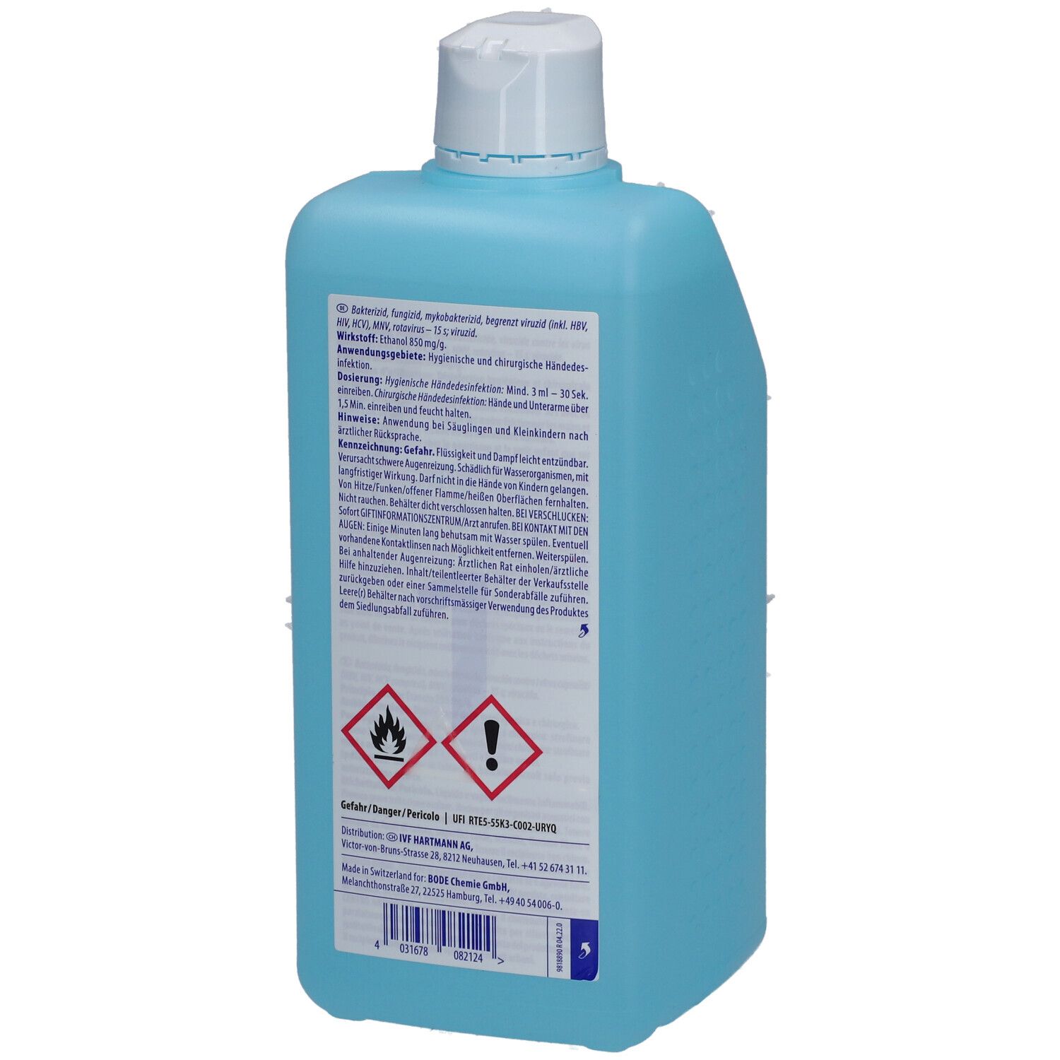 Rückseite einer hellblauen Flasche. Aufschrift und Warnhinweise. Logos: Feuer und Ausrufezeichen.