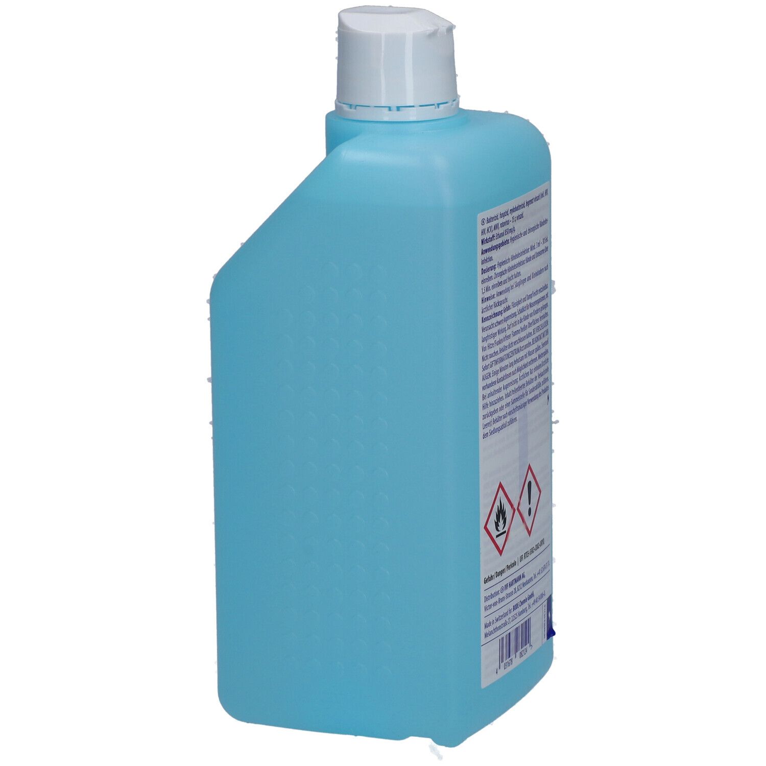 Seitenansicht einer hellblauen Flasche. Aufschrift und Warnhinweise. Logos: Feuer und Ausrufezeichen.