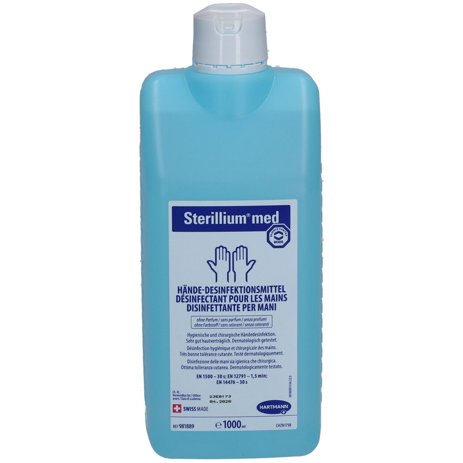 Hellblaue Flasche mit weißem Deckel. Aufschrift: Sterillium med, Hände-Desinfektionsmittel. Logo mit Händen.