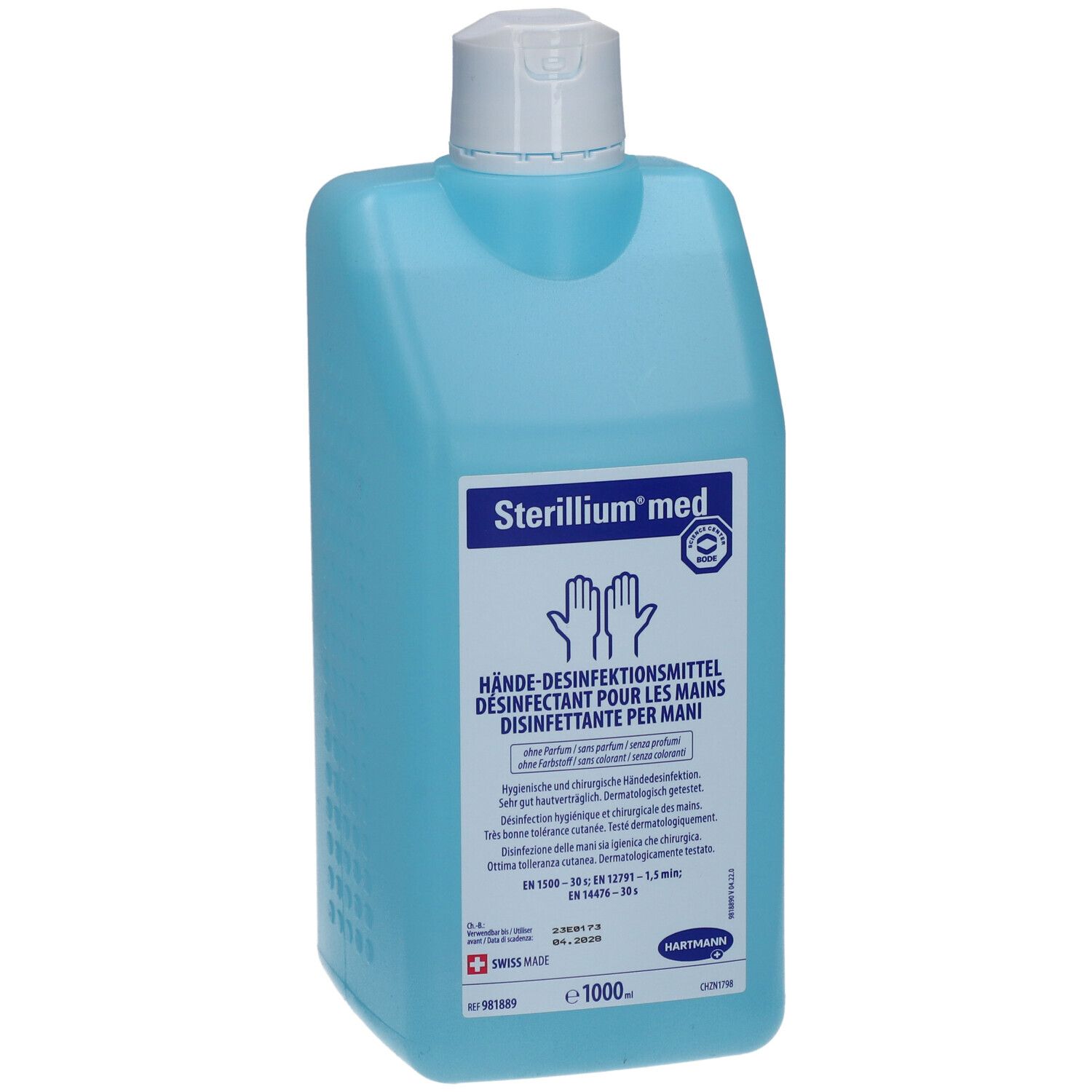 Hellblaue Flasche mit weißem Deckel. Aufschrift: Sterillium med, Hände-Desinfektionsmittel. Logo mit Händen.