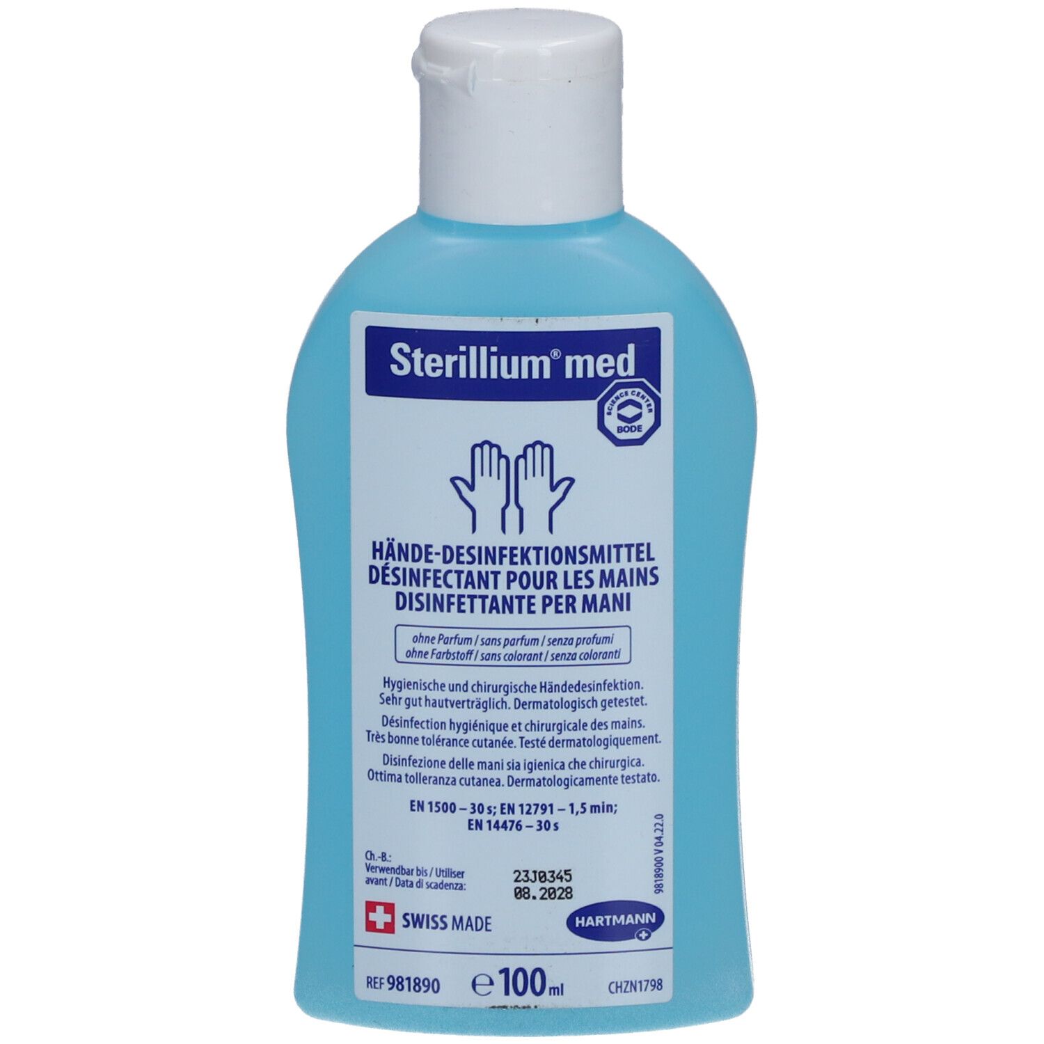 Flacon bleu de Sterillium med. Bouchon blanc. Informations produit imprimées sur l'étiquette.