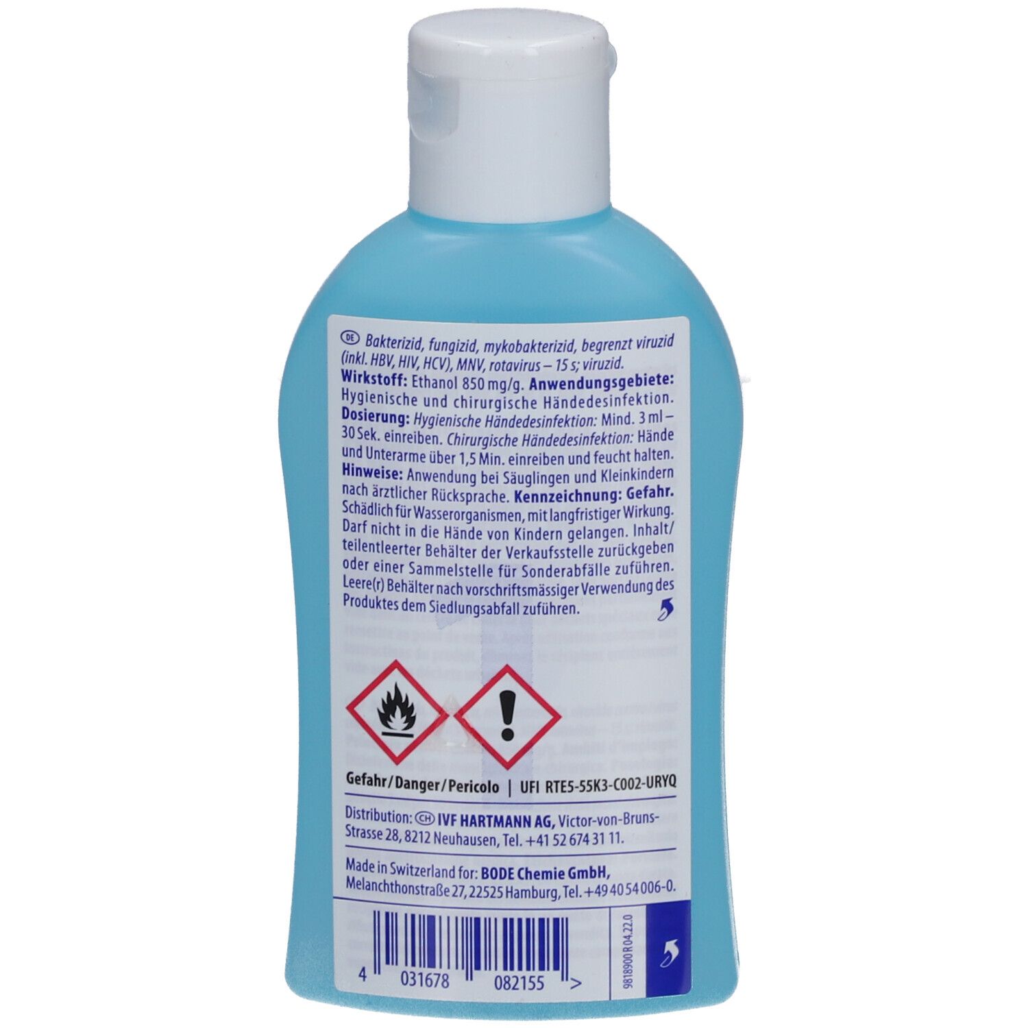 Dos du flacon Sterillium med. Contient des informations sur les ingrédients et les avertissements.