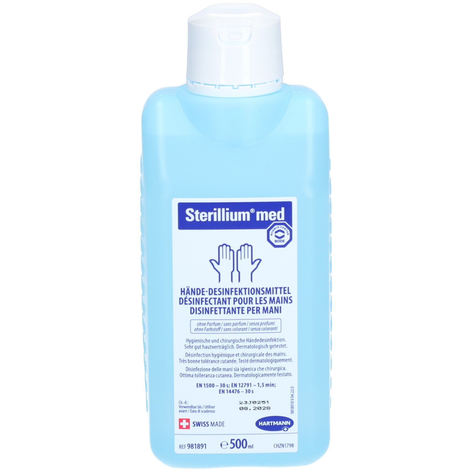 Händedesinfektionsmittel Sterillium med in blauer Flasche mit weißem Verschluss. Enthält Produktnamen und Logo.