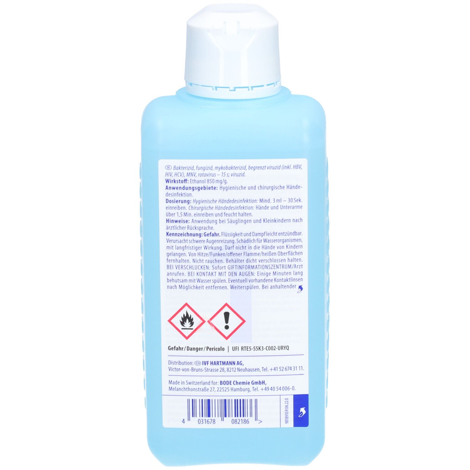 Rückseite der blauen Sterillium med Flasche. Enthält Informationen, Warnhinweise und Logo.
