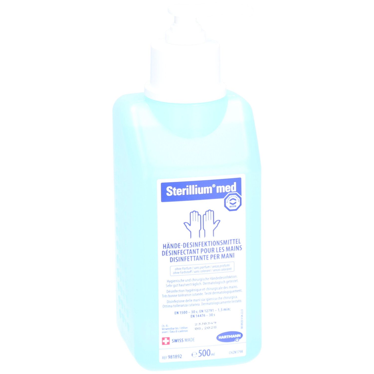 Flacon bleu avec pompe blanche. Inscription: Sterillium med, désinfectant pour les mains. Swiss Made.