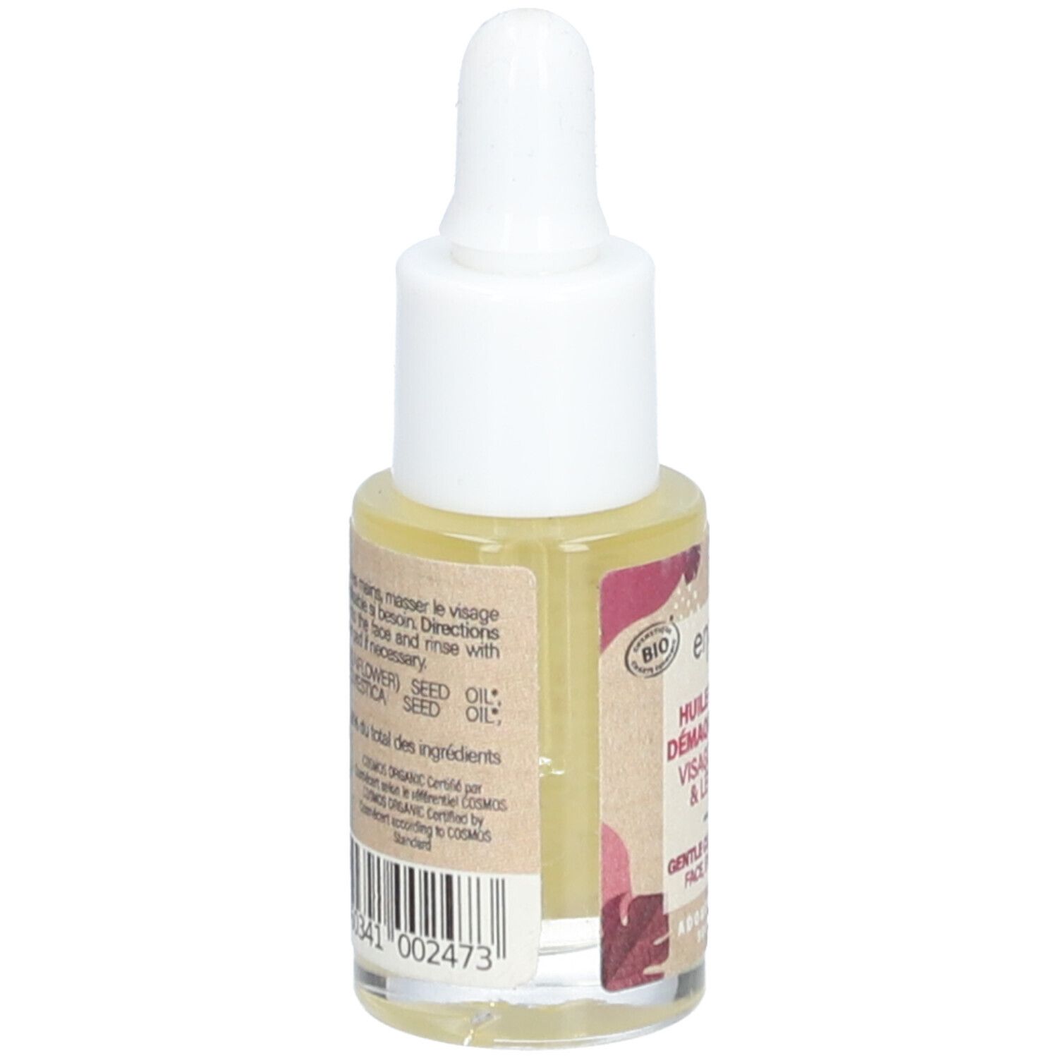 Rückansicht der Glasflasche mit Pipette. Etikett mit Inhaltsstoffen und Informationen. Aufschrift: HUILE LACTÉE DÉMAQUILLANTE.