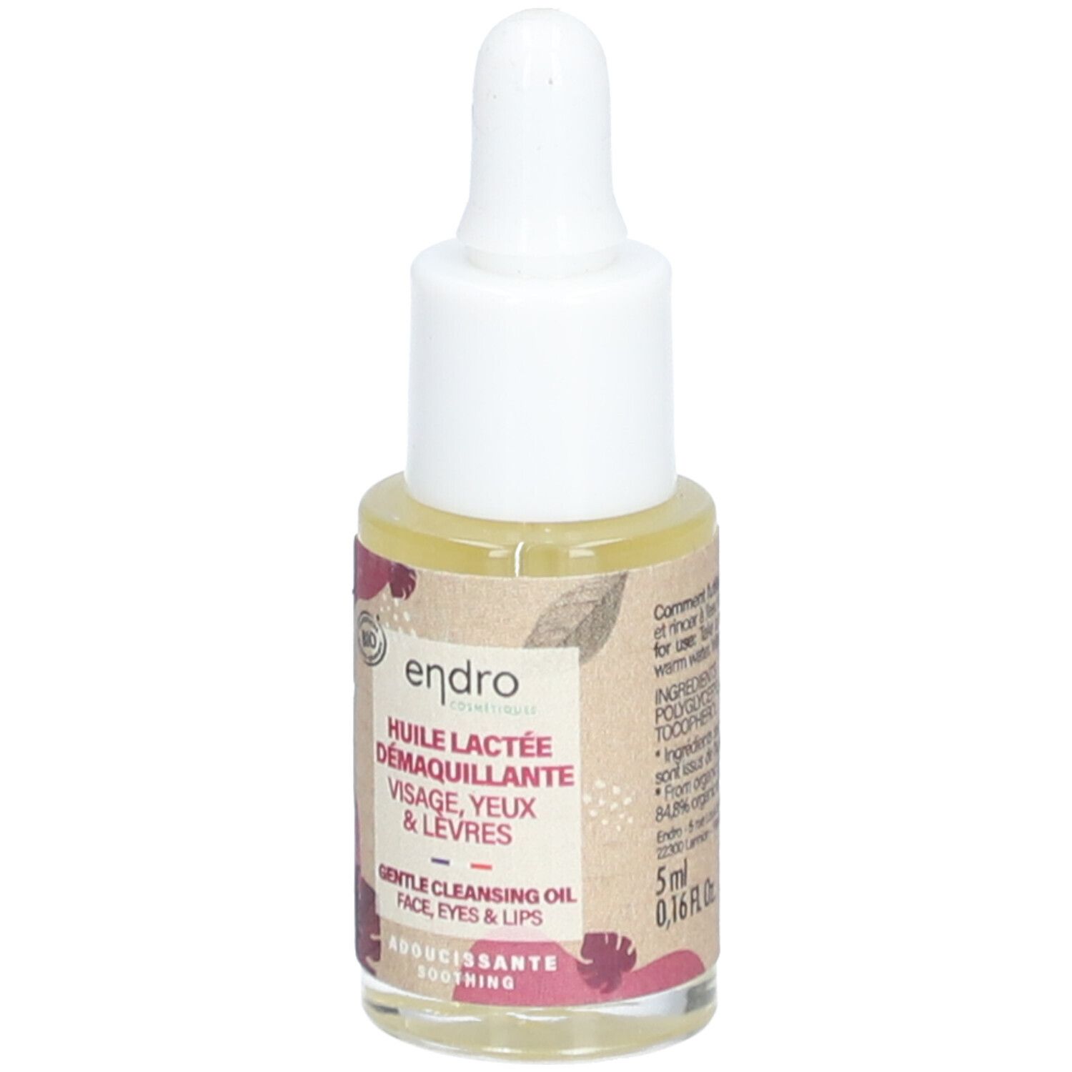 Glasflasche mit Pipette. Etikett mit Produktnamen und Logo. Aufschrift: endro, 5ml, HUILE LACTÉE DÉMAQUILLANTE, FACE, YEUX & LÈVRES.