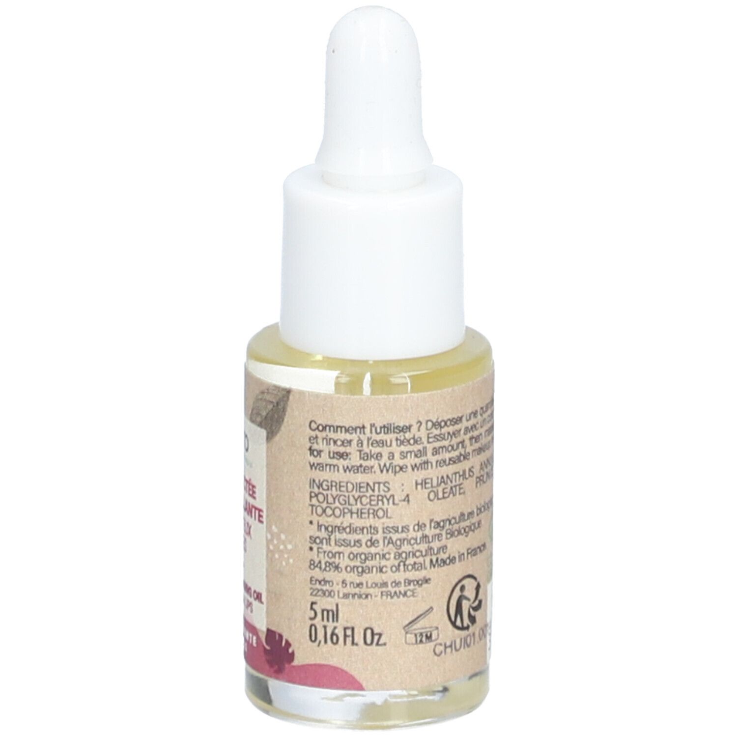 Rückansicht der Glasflasche mit Pipette. Etikett mit Inhaltsstoffen und Informationen. Aufschrift: 5ml, 0,16 fl.oz.