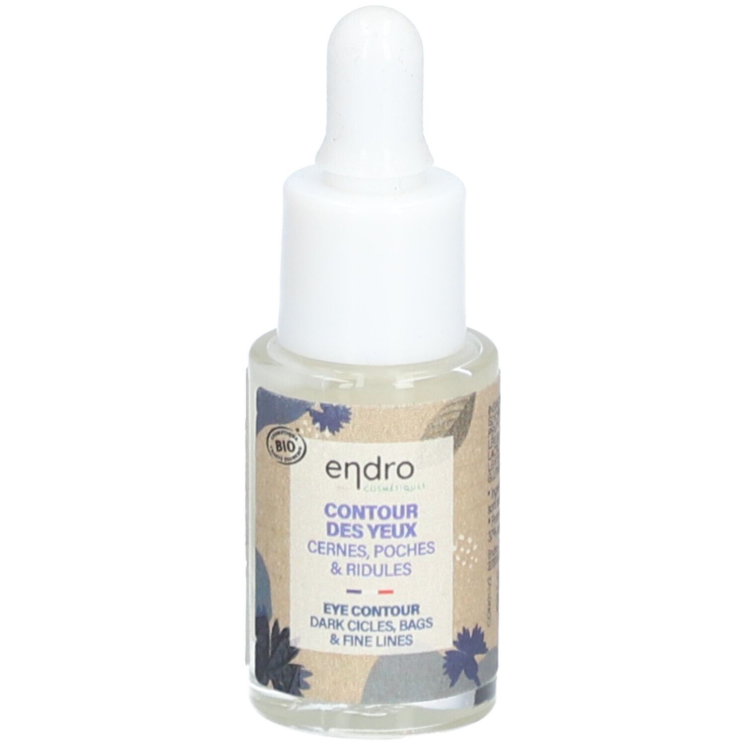 Petite bouteille transparente avec compte-gouttes blanc. Inscription "endro" et "contour des yeux". Certification bio.