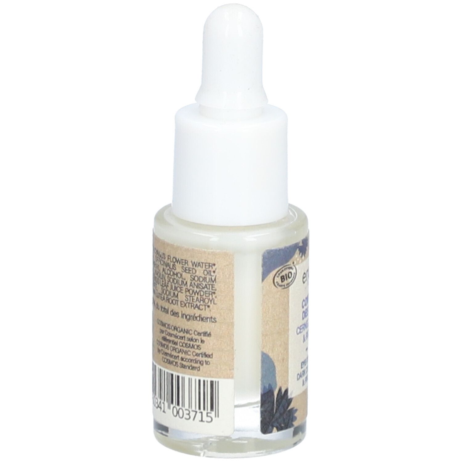 Bouteille transparente avec compte-gouttes blanc. Dos avec ingrédients et certification bio. Code-barres visible.