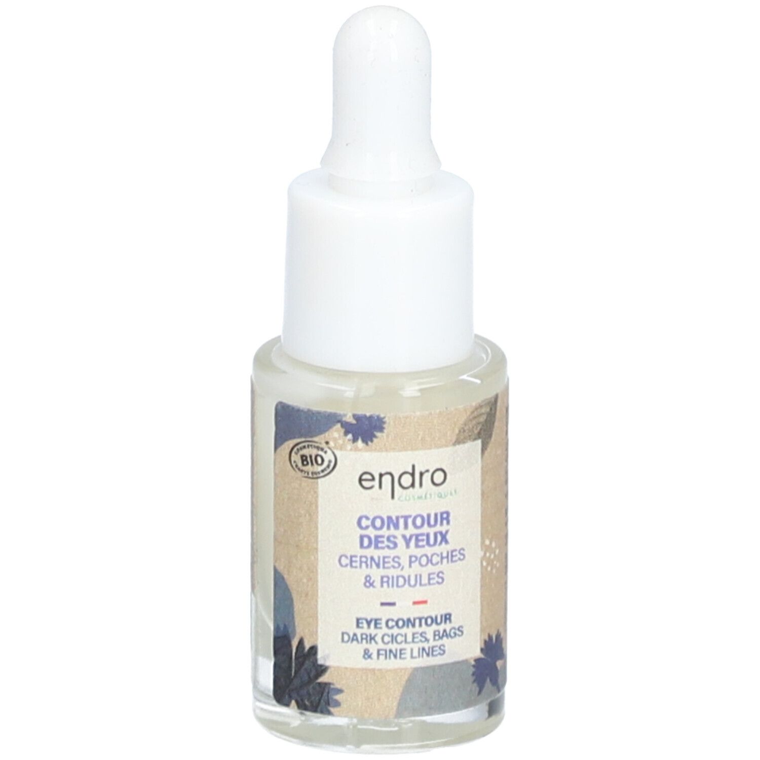 Petite bouteille transparente avec compte-gouttes blanc. Inscription "endro" et "contour des yeux". Certification bio.