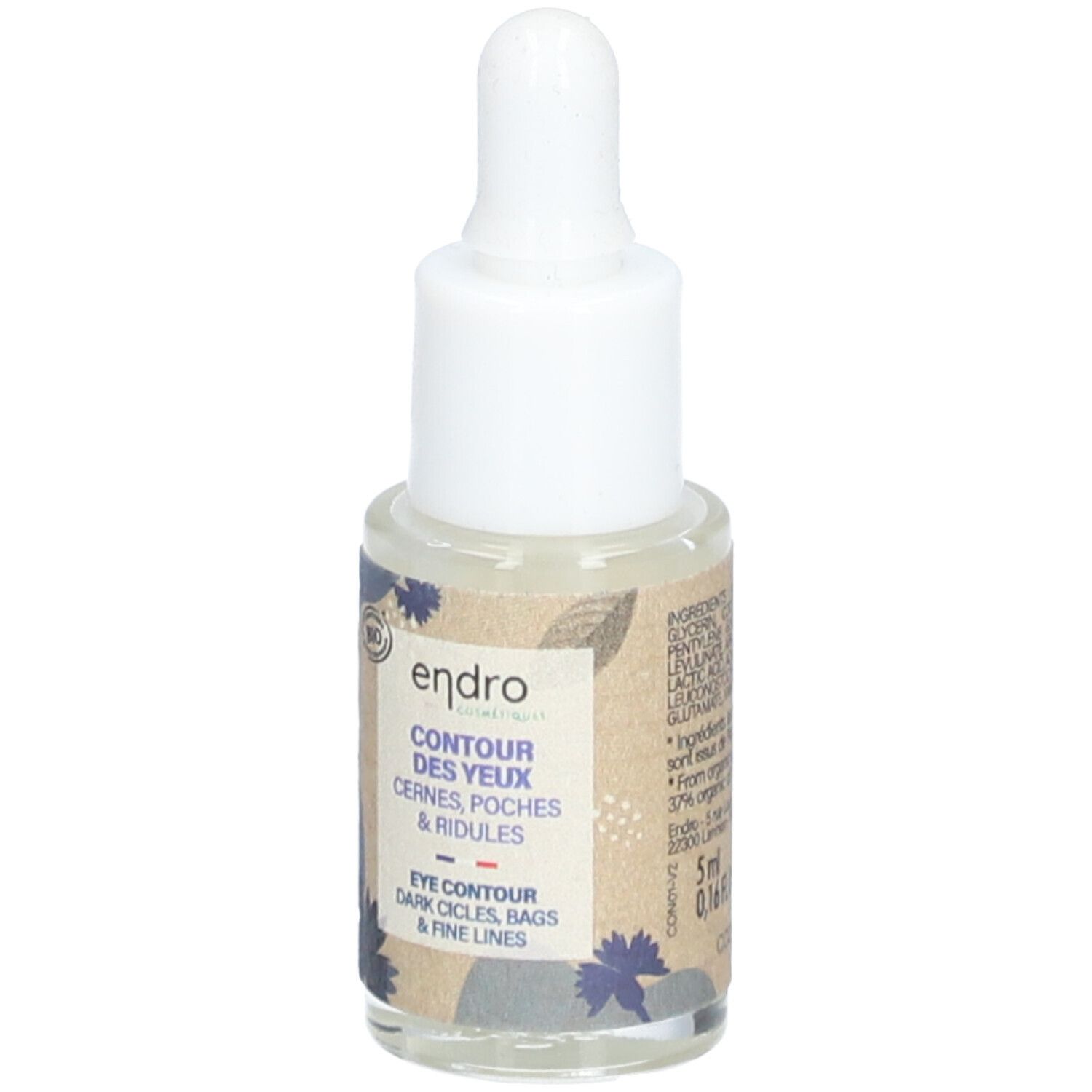 Petite bouteille transparente avec compte-gouttes blanc. Inscription "endro" et "contour des yeux". 5ml.