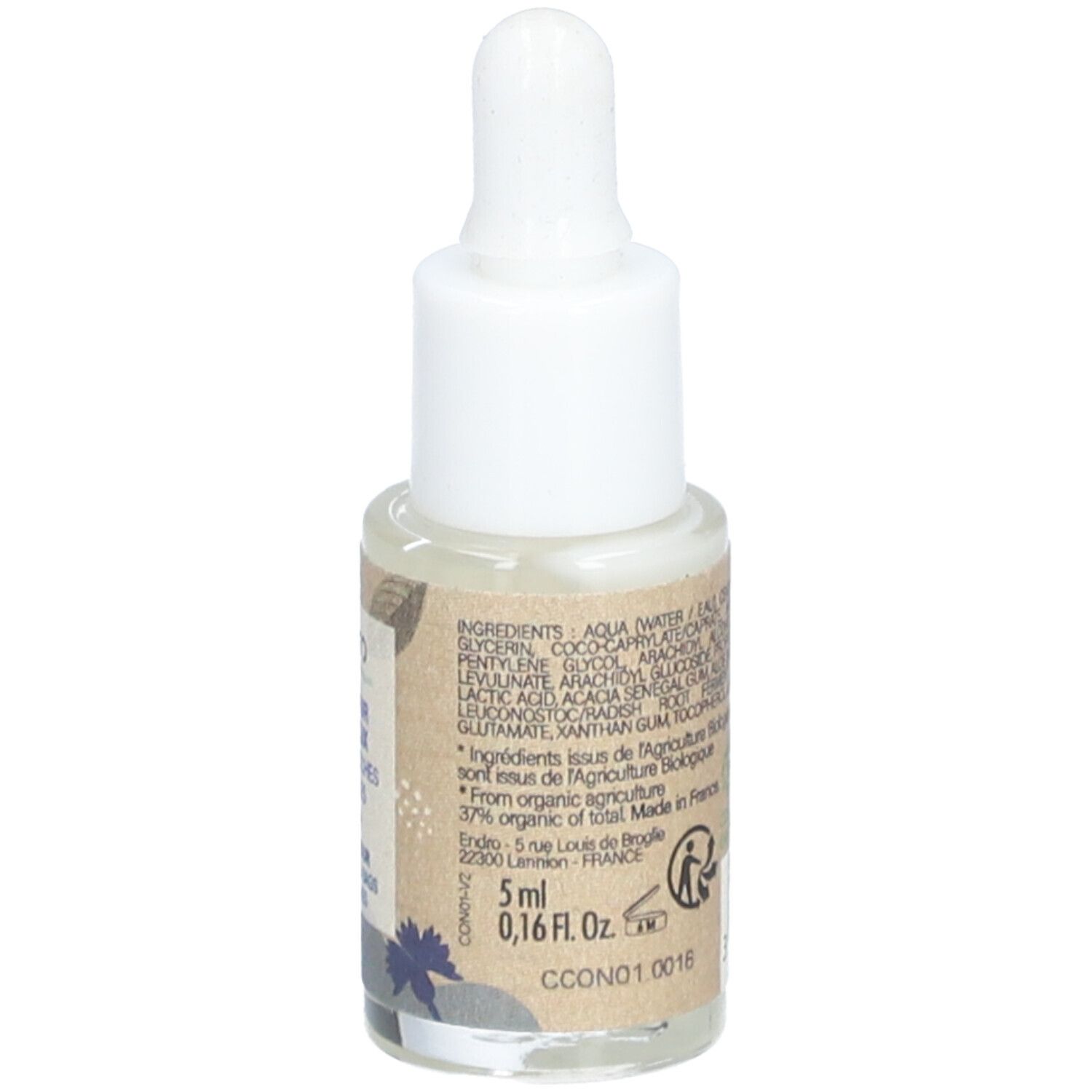 Bouteille transparente avec compte-gouttes blanc. Ingrédients, certification bio et 5ml au dos.