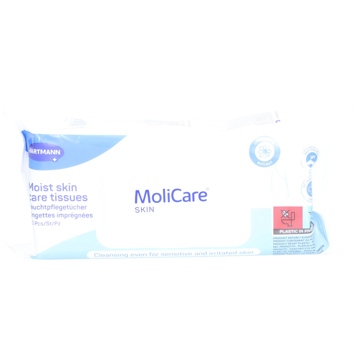 MoliCare Skin Feuchttücher-Packung. Weiße Verpackung mit blauen Akzenten. Text: MoliCare, feuchte Hautpflegetücher.