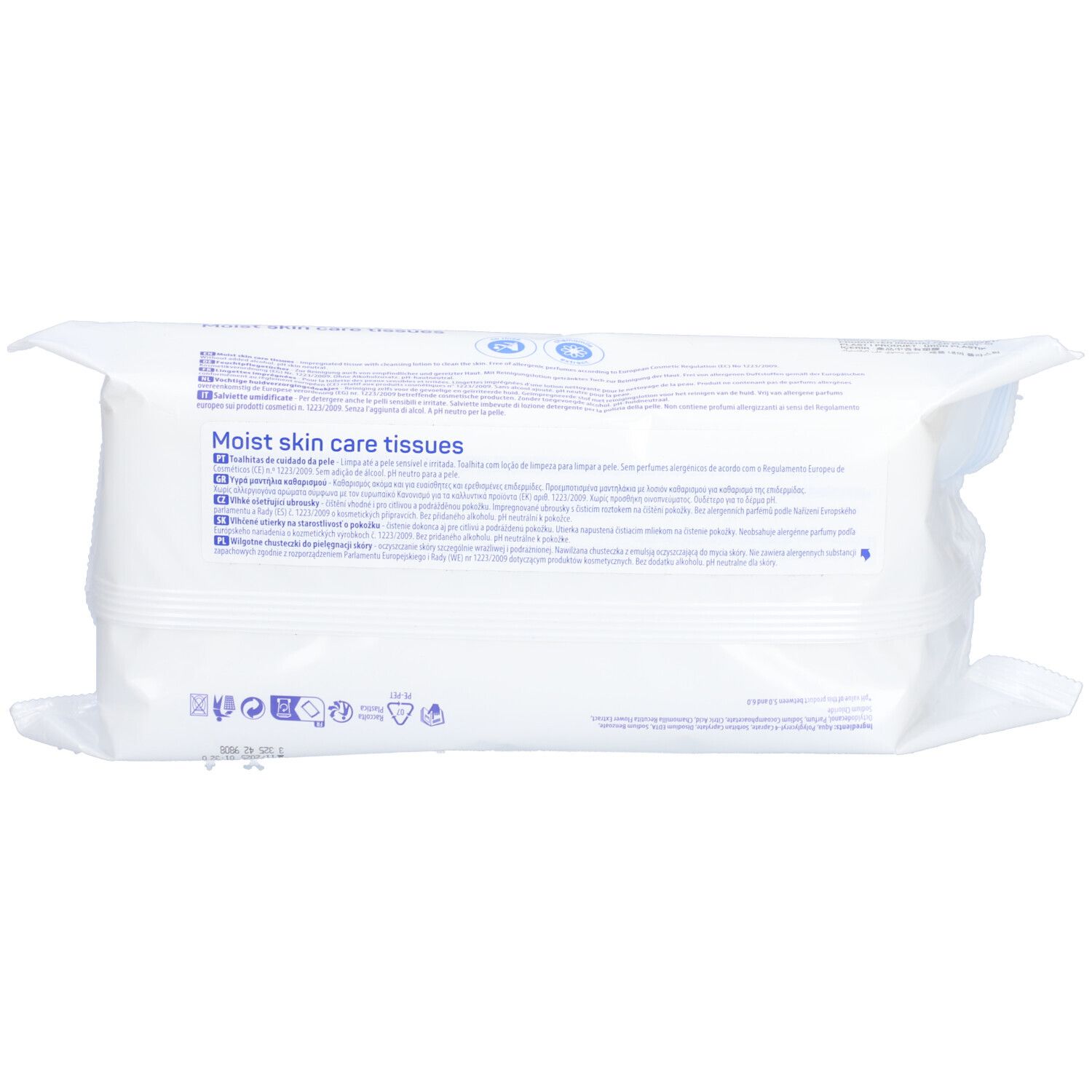 Rückseite der MoliCare Skin Feuchttücher-Packung. Weiße Verpackung mit Text und Symbolen. Mehrsprachiger Text.