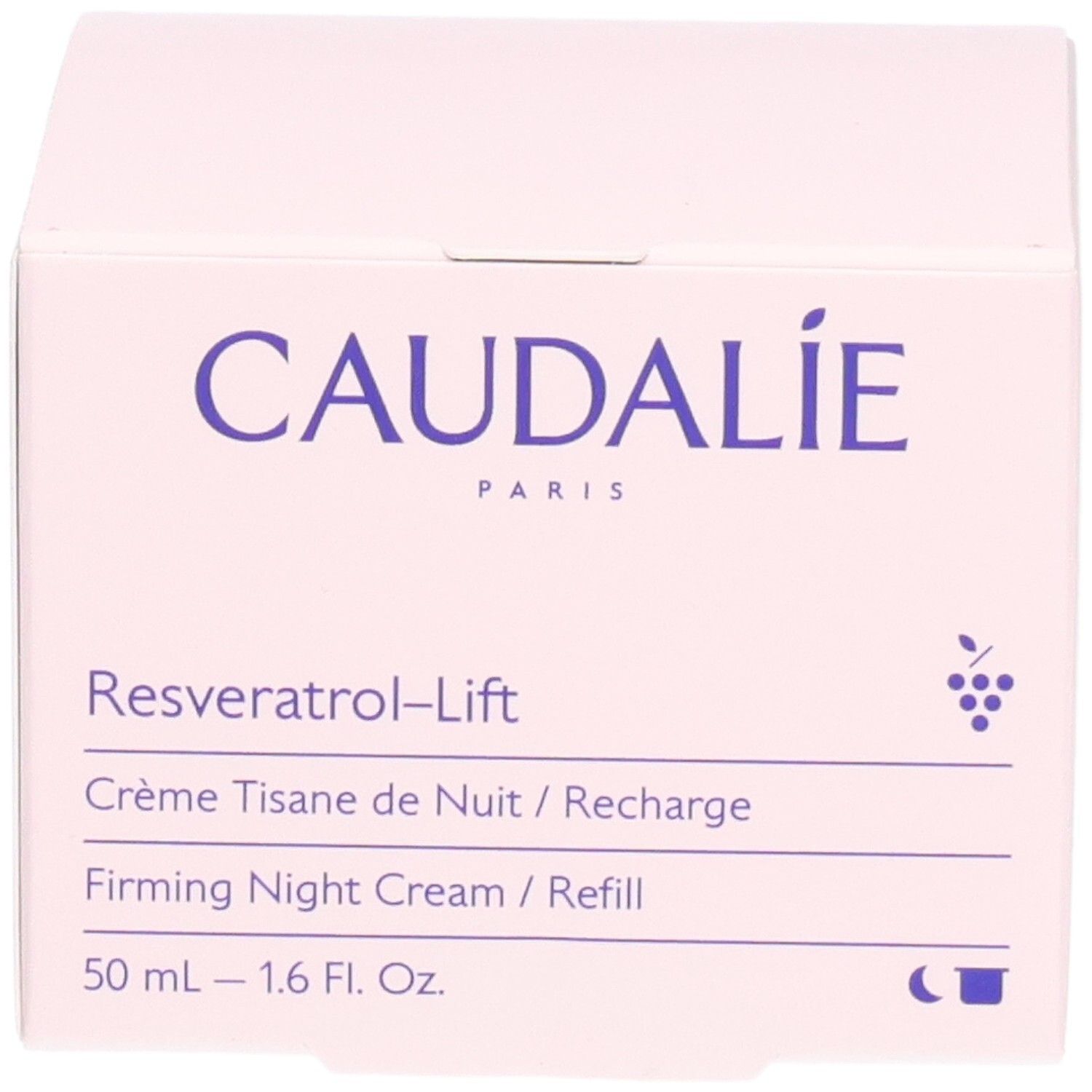 Boîte rose avec logo Caudalie et nom du produit Resveratrol-Lift. Texte: Crème Tisane de Nuit / Recharge.