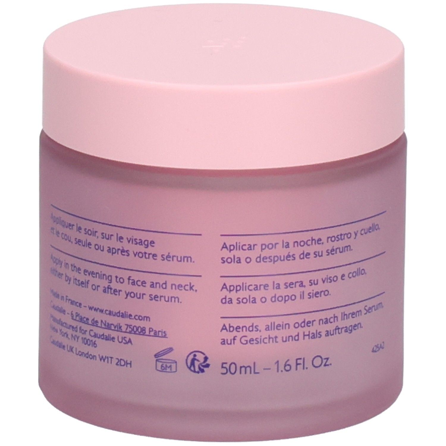 CAUDALIE Resveratrol-Lift Crème Tisane de Nuit pot, verso avec instructions d'application.