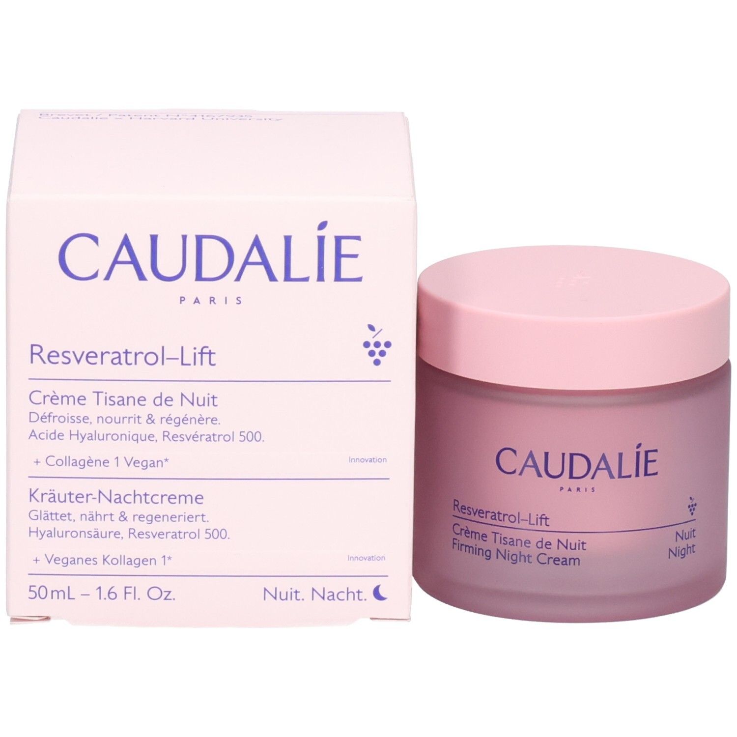 CAUDALIE Resveratrol-Lift Crème Tisane de Nuit pot, verso avec instructions d'application.