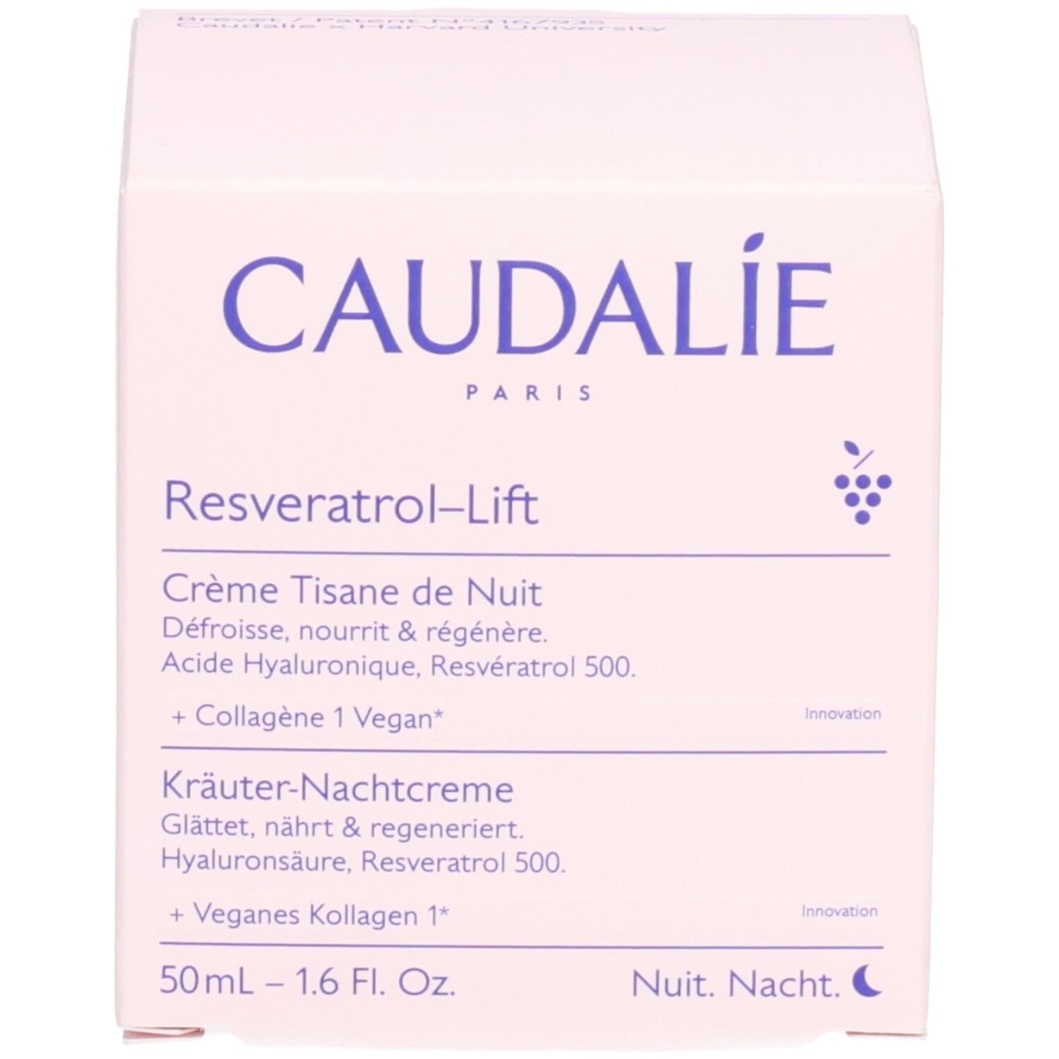 CAUDALIE Resveratrol-Lift Crème Tisane de Nuit pot, verso avec instructions d'application.