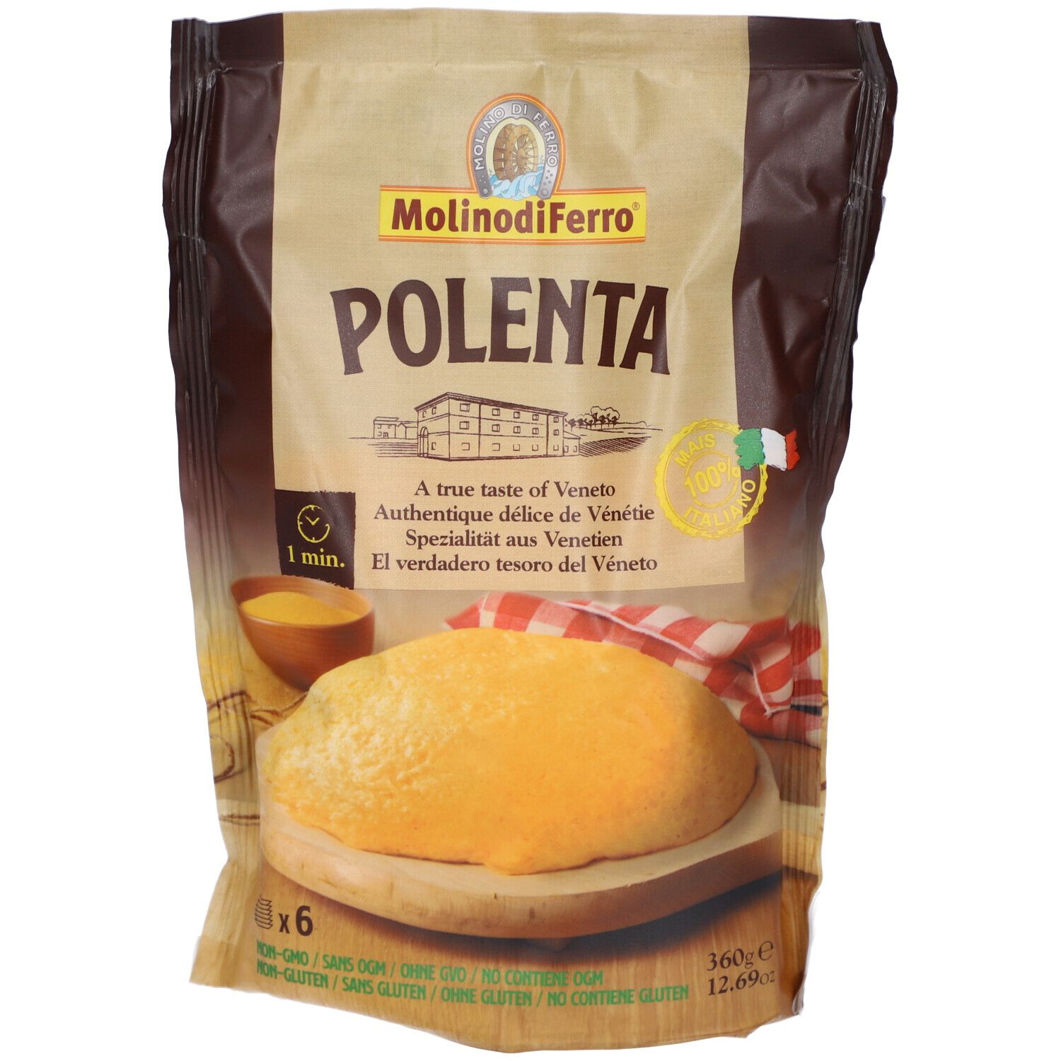 Verpackung mit Polenta. Braune und beige Farben. Text: Polenta, MolinodiFerro, glutenfrei. Abbildung: Polenta-Gericht.