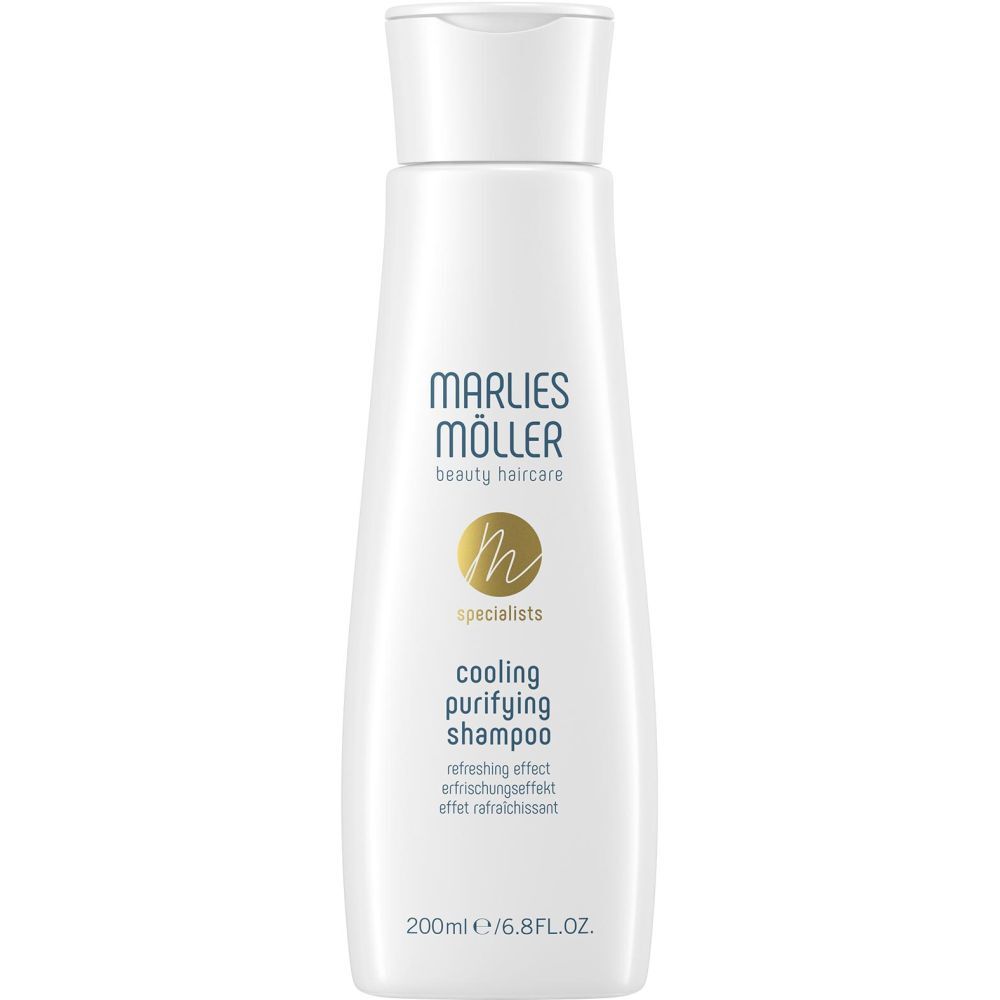 Weisse Flasche mit weissem Deckel. Aufschrift: Marlies Möller, cooling purifying shampoo. 200ml/6.8FL.OZ.