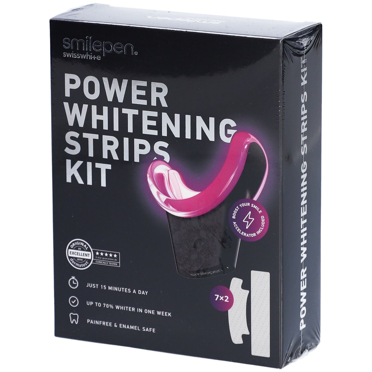 Boîte noire "Power Whitening Strips Kit". Contient des bandes et un accélérateur. Marque: smilepen.