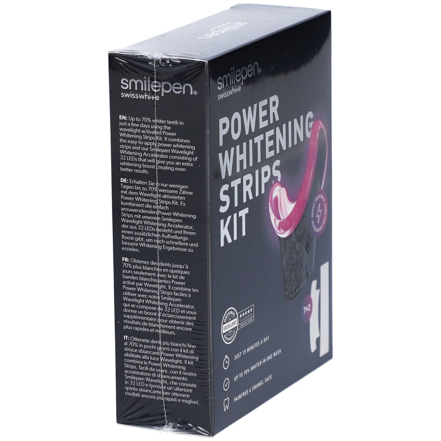 Emballage "Power Whitening Strips Kit". Contient des bandes et un accélérateur. Texte en anglais, allemand, français, italien.