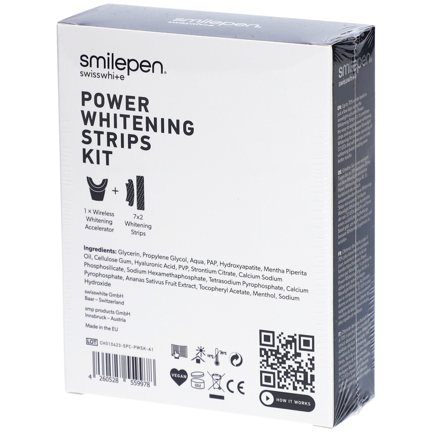 Emballage blanc "Power Whitening Strips Kit". Contient accélérateur et bandes. Ingrédients et logos.